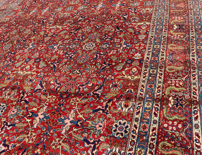 Keivan Woven Arts - Large Antique Persian Fine Weave Tabriz in Red Background & Light Blue Guard Borders. Finely woven antique Tabriz rug with all - over design field in Red Background & Light Blue Guard Borders and variety of colors in the entire ru... - Keivan Woven ArtsR20 - 1105 - 14162Rug
