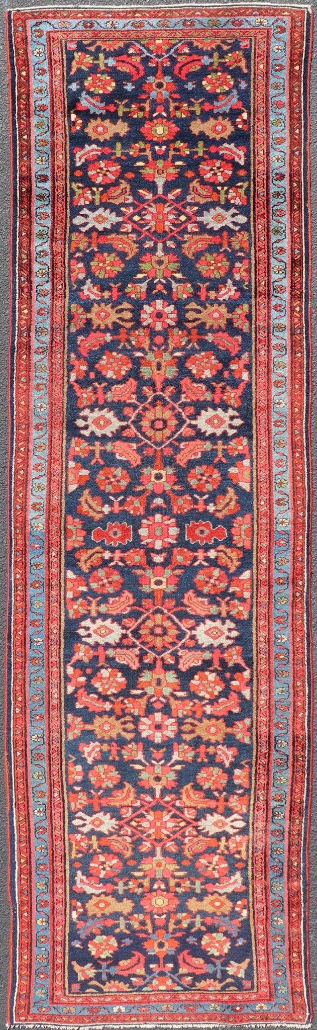Antique Persian Malayer Runner with Sub - Geometric All - Over Design in Navy Color. Antique Persian Malayer Runner with Sub - Geometric All - Over Design in navy background, light blue border , red, yellow, green and Multi colors, rug/R20 - 1107 , country of... - Keivan Woven ArtsR20 - 1107 - 14172