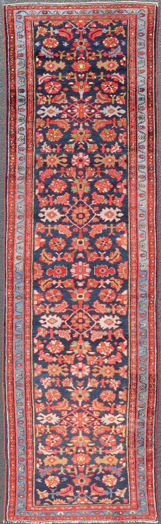Antique Persian Malayer Runner with Sub - Geometric All - Over Design in Navy Color. Antique Persian Malayer Runner with Sub - Geometric All - Over Design in navy background, light blue border , red, yellow, green and Multi colors, rug/R20 - 1107 , country of... - Keivan Woven ArtsR20 - 1107 - 14172