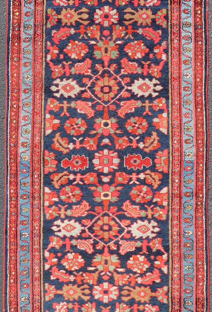 Antique Persian Malayer Runner with Sub - Geometric All - Over Design in Navy Color. Antique Persian Malayer Runner with Sub - Geometric All - Over Design in navy background, light blue border , red, yellow, green and Multi colors, rug/R20 - 1107 , country of... - Keivan Woven ArtsR20 - 1107 - 14172Rug
