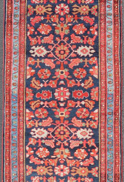 Antique Persian Malayer Runner with Sub - Geometric All - Over Design in Navy Color. Antique Persian Malayer Runner with Sub - Geometric All - Over Design in navy background, light blue border , red, yellow, green and Multi colors, rug/R20 - 1107 , country of... - Keivan Woven ArtsR20 - 1107 - 14172Rug
