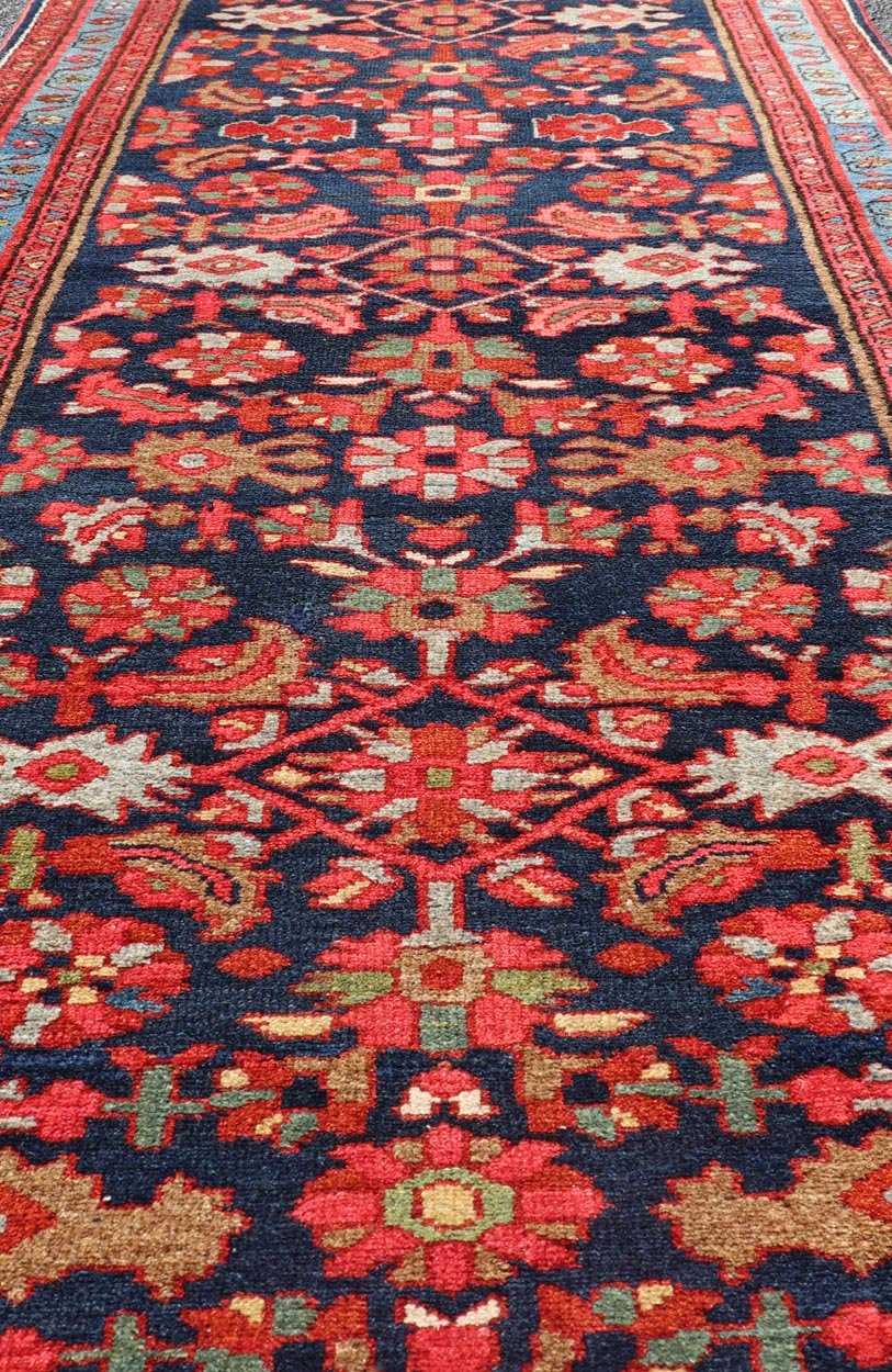 Antique Persian Malayer Runner with Sub - Geometric All - Over Design in Navy Color. Antique Persian Malayer Runner with Sub - Geometric All - Over Design in navy background, light blue border , red, yellow, green and Multi colors, rug/R20 - 1107 , country of... - Keivan Woven ArtsR20 - 1107 - 14172Rug