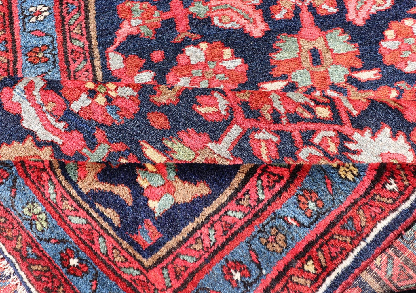 Antique Persian Malayer Runner with Sub - Geometric All - Over Design in Navy Color. Antique Persian Malayer Runner with Sub - Geometric All - Over Design in navy background, light blue border , red, yellow, green and Multi colors, rug/R20 - 1107 , country of... - Keivan Woven ArtsR20 - 1107 - 14172Rug