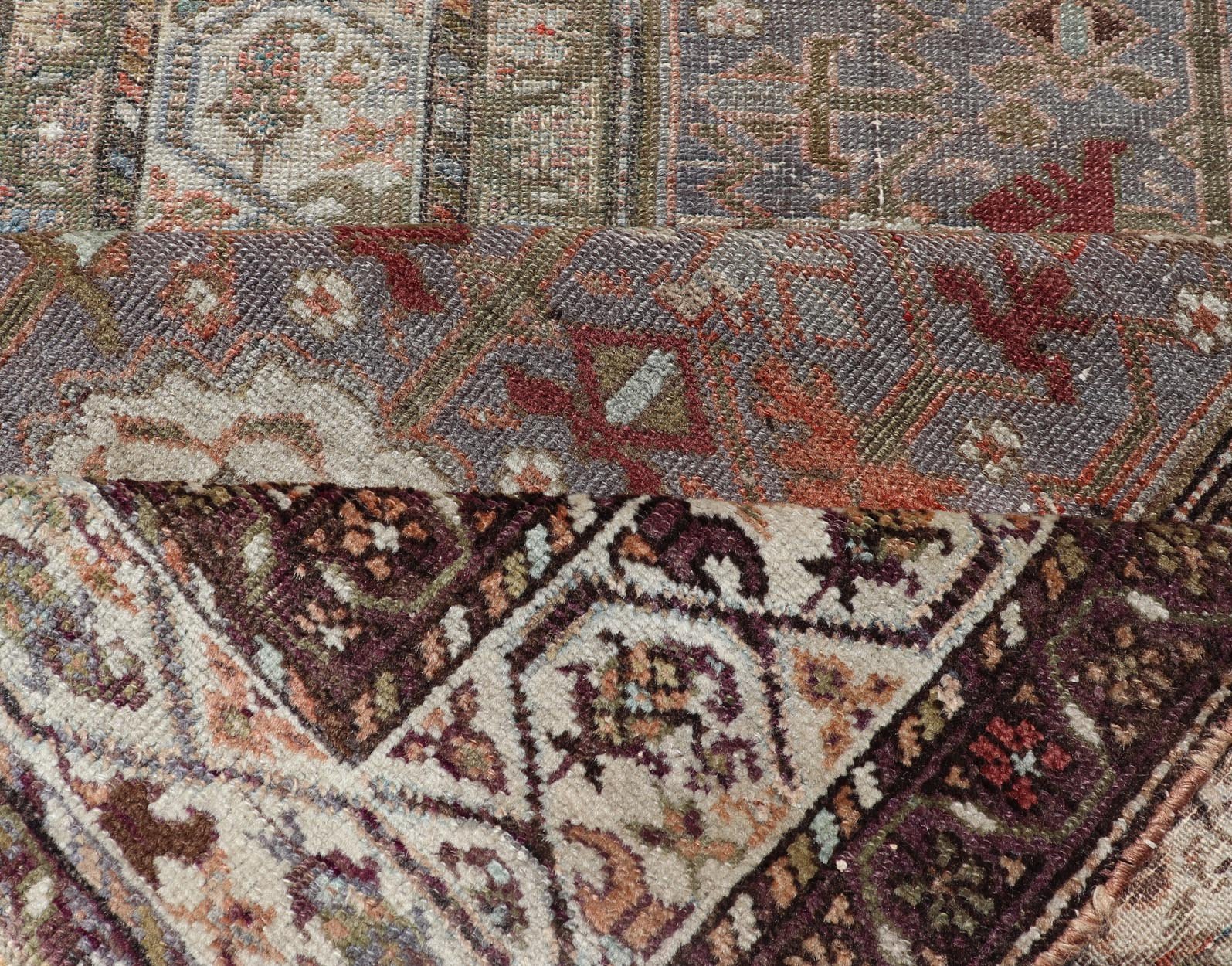 Antique distressed Malayer Persian Long Runner in Lt. Purple, Lavender, Tan, Gray & Green. Distressed Antique long Persian Malayer runner with all - over intricate floral design in multi - colors, rug R20 - 1109, country of origin / type: Iran / Mal... - Keivan Woven ArtsR20 - 1109 - 14148Rug