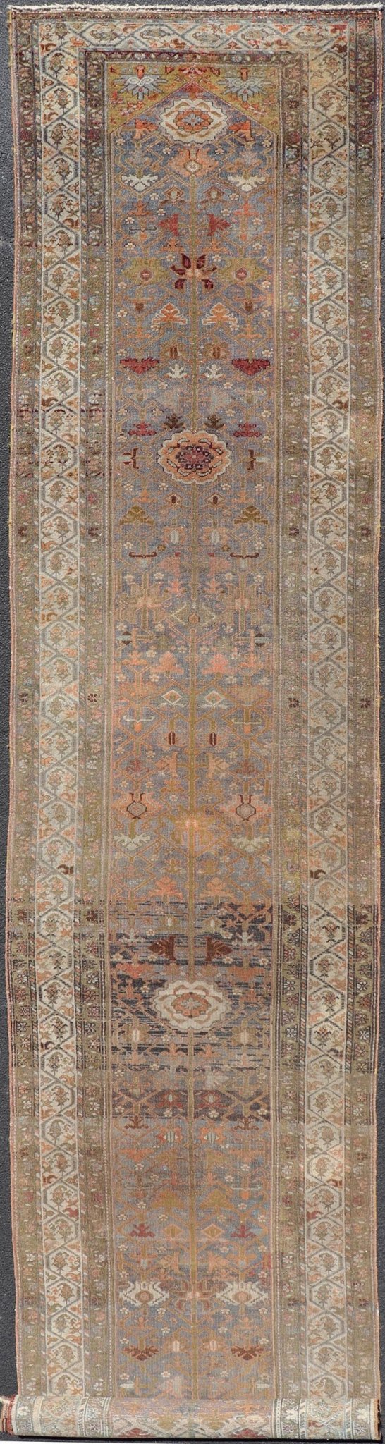 Antique distressed Malayer Persian Long Runner in Lt. Purple, Lavender, Tan, Gray & Green. Distressed Antique long Persian Malayer runner with all - over intricate floral design in multi - colors, rug R20 - 1109, country of origin / type: Iran / Mal... - Keivan Woven ArtsR20 - 1109 - 14148Rug