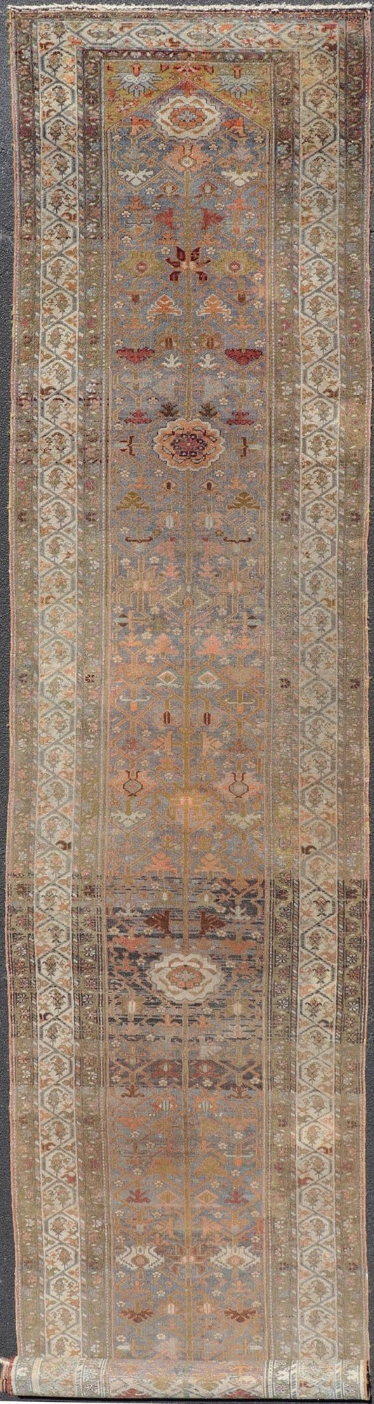 Antique distressed Malayer Persian Long Runner in Lt. Purple, Lavender, Tan, Gray & Green. Distressed Antique long Persian Malayer runner with all - over intricate floral design in multi - colors, rug R20 - 1109, country of origin / type: Iran / Mal... - Keivan Woven ArtsR20 - 1109 - 14148Rug