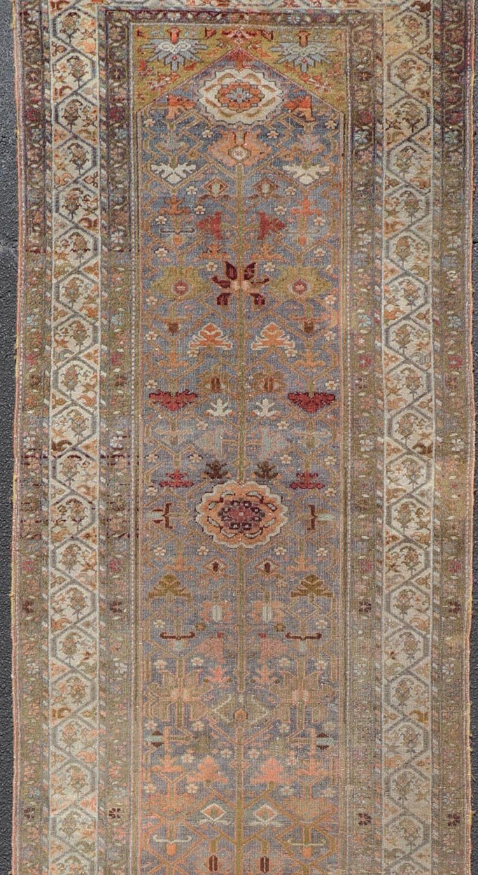 Antique distressed Malayer Persian Long Runner in Lt. Purple, Lavender, Tan, Gray & Green. Distressed Antique long Persian Malayer runner with all - over intricate floral design in multi - colors, rug R20 - 1109, country of origin / type: Iran / Mal... - Keivan Woven ArtsR20 - 1109 - 14148Rug