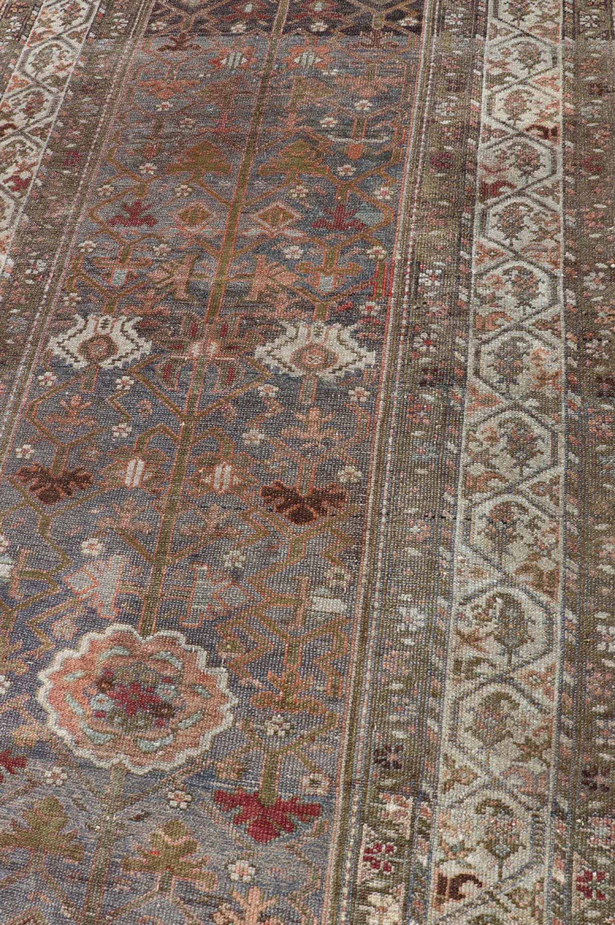 Antique distressed Malayer Persian Long Runner in Lt. Purple, Lavender, Tan, Gray & Green. Distressed Antique long Persian Malayer runner with all - over intricate floral design in multi - colors, rug R20 - 1109, country of origin / type: Iran / Mal... - Keivan Woven ArtsR20 - 1109 - 14148Rug