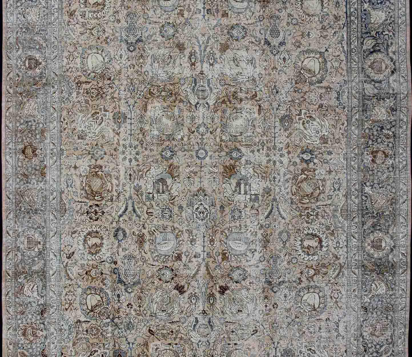 Antique Persian Tabriz Carpet with Geometric Design in Tan and Blue's Antique Persian Tabriz carpet with geometric design in blue tones. Blue, gray, taupe, tan and brown geometric Persian Tabriz rug, rug R20 - 115, country of origin / type: Iran ... - Keivan Woven ArtsR20 - 115 - 12685Rug