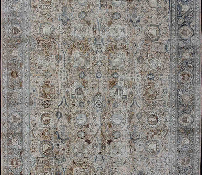 Antique Persian Tabriz Carpet with Geometric Design in Tan and Blue's Antique Persian Tabriz carpet with geometric design in blue tones. Blue, gray, taupe, tan and brown geometric Persian Tabriz rug, rug R20 - 115, country of origin / type: Iran ... - Keivan Woven ArtsR20 - 115 - 12685Rug