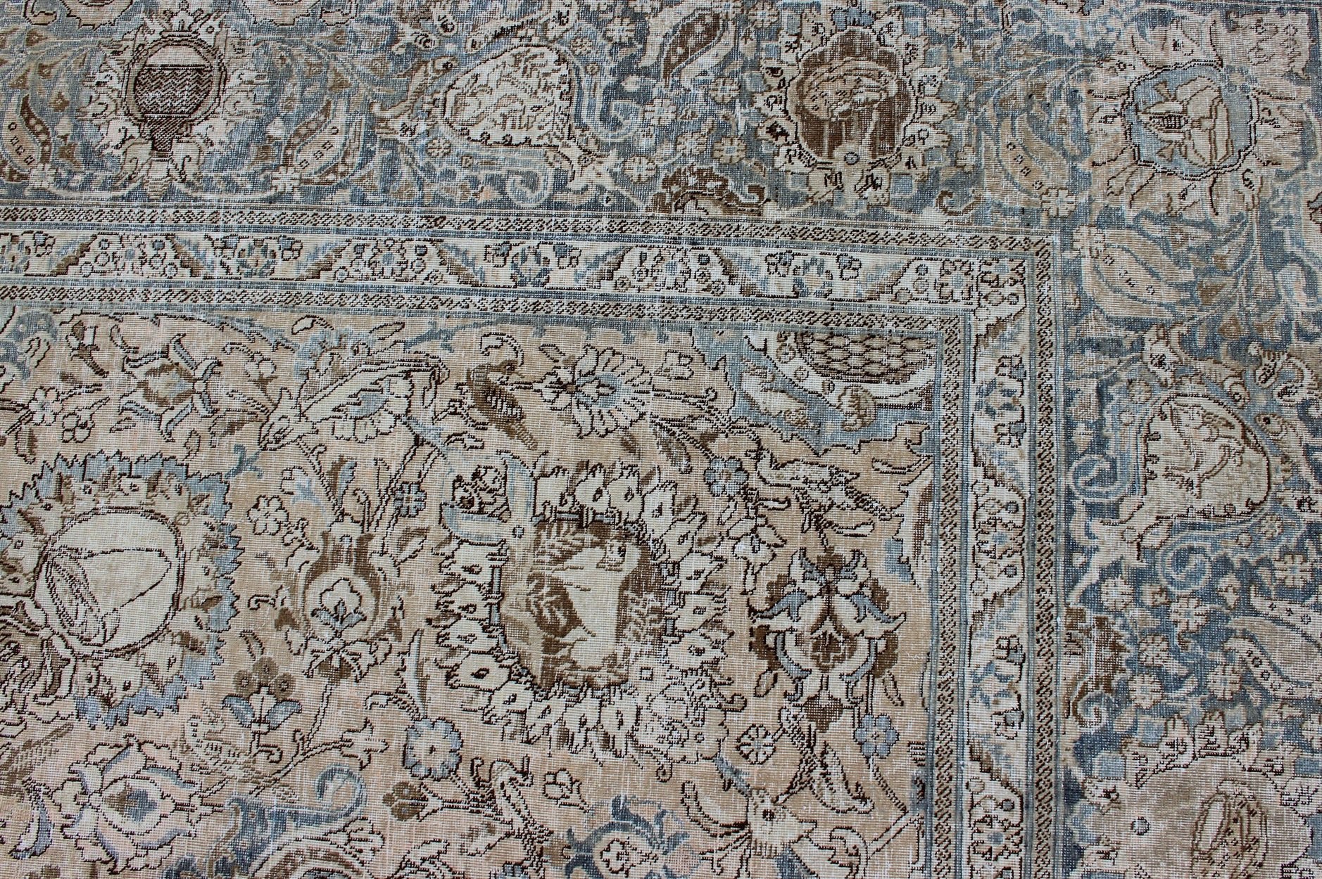 Antique Persian Tabriz Carpet with Geometric Design in Tan and Blue's Antique Persian Tabriz carpet with geometric design in blue tones. Blue, gray, taupe, tan and brown geometric Persian Tabriz rug, rug R20 - 115, country of origin / type: Iran ... - Keivan Woven ArtsR20 - 115 - 12685Rug