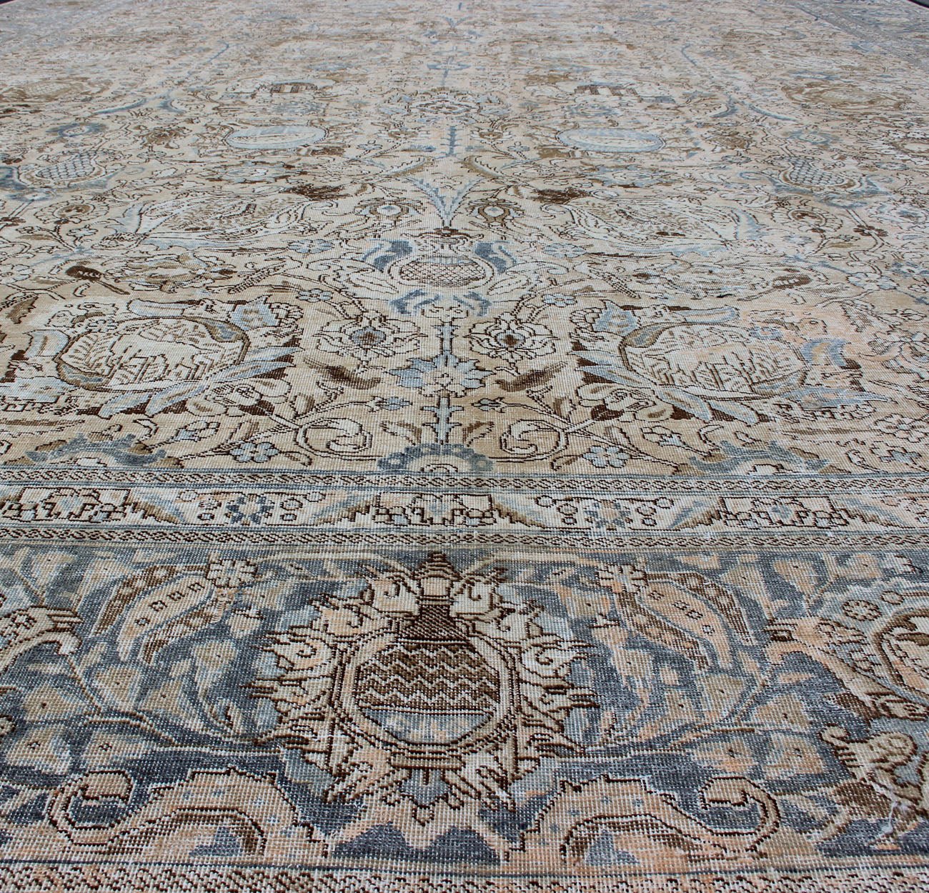 Antique Persian Tabriz Carpet with Geometric Design in Tan and Blue's Antique Persian Tabriz carpet with geometric design in blue tones. Blue, gray, taupe, tan and brown geometric Persian Tabriz rug, rug R20 - 115, country of origin / type: Iran ... - Keivan Woven ArtsR20 - 115 - 12685Rug