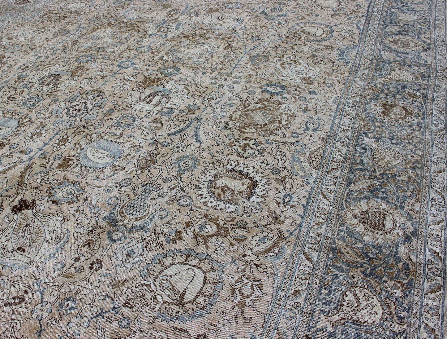 Antique Persian Tabriz Carpet with Geometric Design in Tan and Blue's Antique Persian Tabriz carpet with geometric design in blue tones. Blue, gray, taupe, tan and brown geometric Persian Tabriz rug, rug R20 - 115, country of origin / type: Iran ... - Keivan Woven ArtsR20 - 115 - 12685Rug