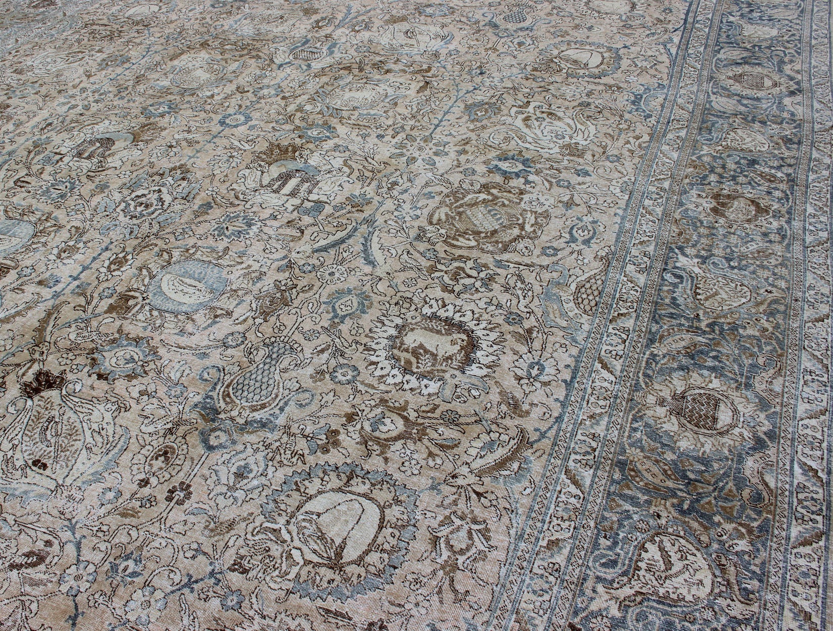 Antique Persian Tabriz Carpet with Geometric Design in Tan and Blue's Antique Persian Tabriz carpet with geometric design in blue tones. Blue, gray, taupe, tan and brown geometric Persian Tabriz rug, rug R20 - 115, country of origin / type: Iran ... - Keivan Woven ArtsR20 - 115 - 12685Rug