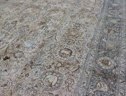 Antique Persian Tabriz Carpet with Geometric Design in Tan and Blue's Antique Persian Tabriz carpet with geometric design in blue tones. Blue, gray, taupe, tan and brown geometric Persian Tabriz rug, rug R20 - 115, country of origin / type: Iran ... - Keivan Woven ArtsR20 - 115 - 12685Rug