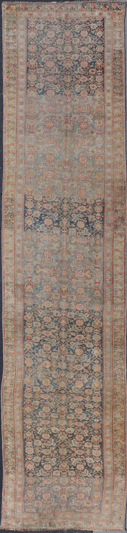 Antique Kurdish Runner With All Over Design in Blue & Yellow Green. Antique Kurdish Runner With All Over Herati Design in variegated Blue & Yellow Green. Keivan Woven Arts: rug R20 - 1201 Country of Origin: Iran Type: Kurdish Circa: 1920 M... - Keivan Woven ArtsR20 - 1201 - 14044