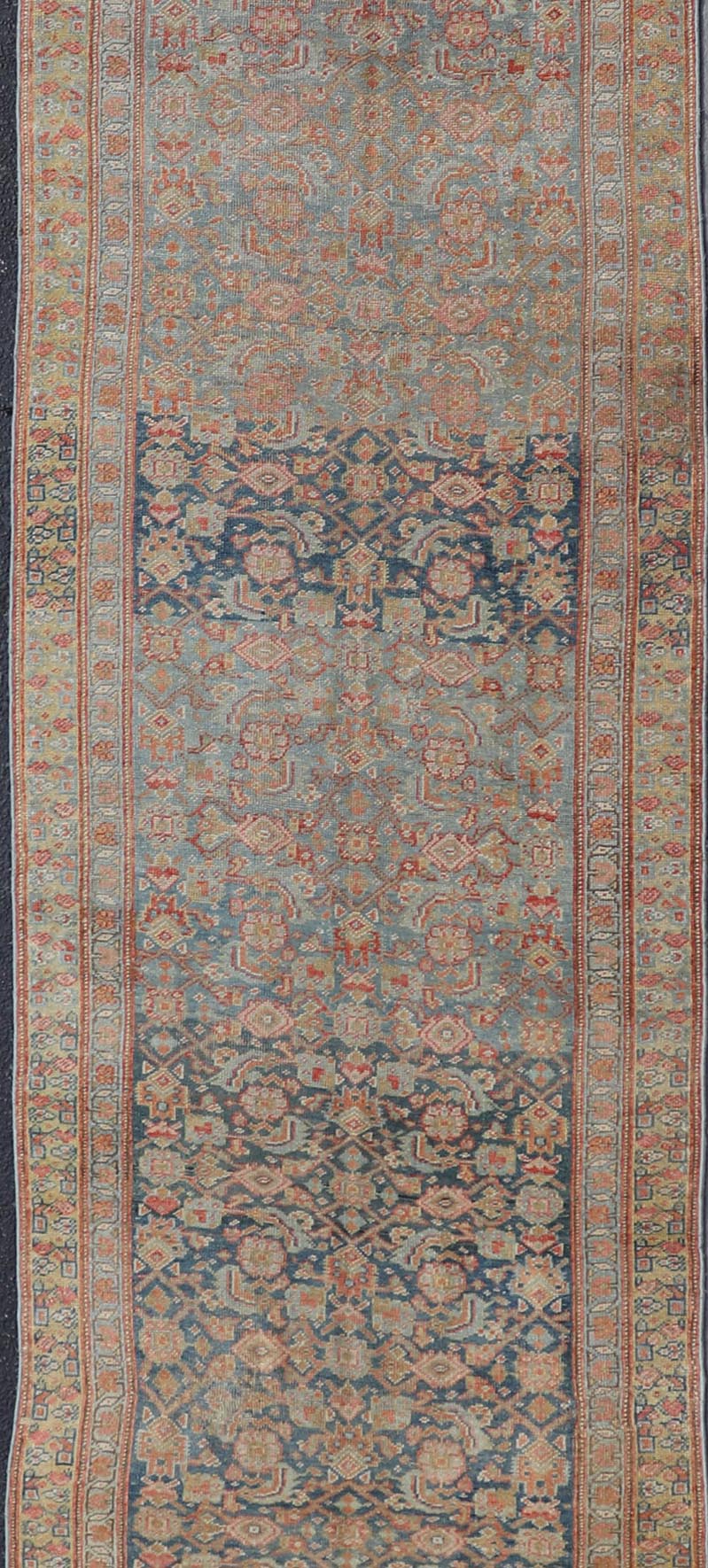 Antique Kurdish Runner With All Over Design in Blue & Yellow Green. Antique Kurdish Runner With All Over Herati Design in variegated Blue & Yellow Green. Keivan Woven Arts: rug R20 - 1201 Country of Origin: Iran Type: Kurdish Circa: 1920 M... - Keivan Woven ArtsR20 - 1201 - 14044