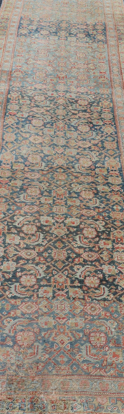 Antique Kurdish Runner With All Over Design in Blue & Yellow Green. Antique Kurdish Runner With All Over Herati Design in variegated Blue & Yellow Green. Keivan Woven Arts: rug R20 - 1201 Country of Origin: Iran Type: Kurdish Circa: 1920 M... - Keivan Woven ArtsR20 - 1201 - 14044
