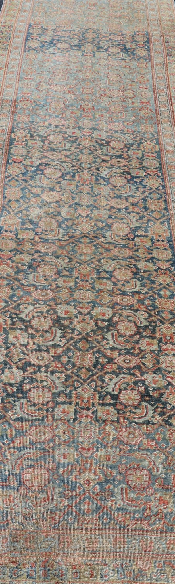 Antique Kurdish Runner With All Over Design in Blue & Yellow Green. Antique Kurdish Runner With All Over Herati Design in variegated Blue & Yellow Green. Keivan Woven Arts: rug R20 - 1201 Country of Origin: Iran Type: Kurdish Circa: 1920 M... - Keivan Woven ArtsR20 - 1201 - 14044Rug