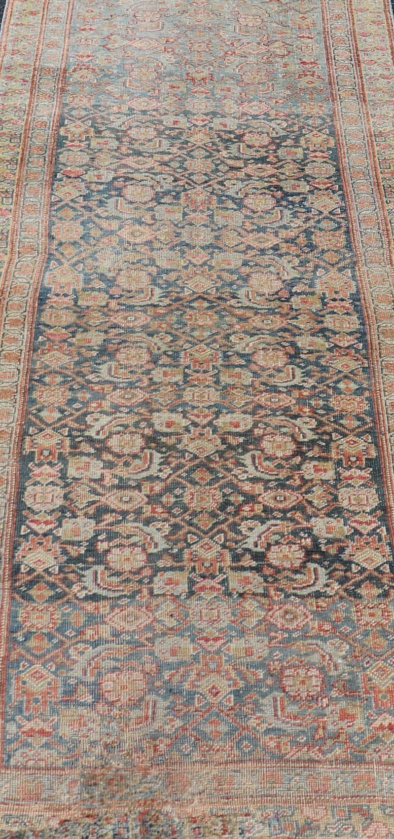 Antique Kurdish Runner With All Over Design in Blue & Yellow Green. Antique Kurdish Runner With All Over Herati Design in variegated Blue & Yellow Green. Keivan Woven Arts: rug R20 - 1201 Country of Origin: Iran Type: Kurdish Circa: 1920 M... - Keivan Woven ArtsR20 - 1201 - 14044
