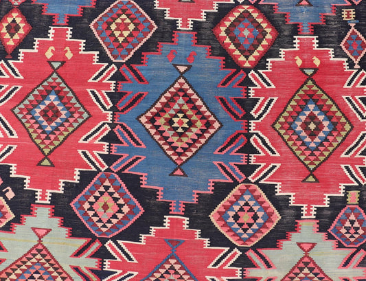 19th Century Antique Kuba Kilim Gallery Rug in with Vibrant Colors. 19th Century Antique Kuba Kilim Gallery Rug in with large scale Geometrics and Vibrant Colors. Keivan Woven Arts / rug R20 - 1203, country of origin / type: Caucasus/ Kuba , circa... - Keivan Woven ArtsR20 - 1203 - 14184