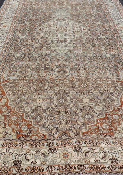 Antique Hamadan Gallery Rug with Medallion and All - Over Sub - Geometric Design Antique Hand - Knotted Persian Hamadan Rug with Medallion, Keivan Woven Arts; rug R20 - 1205, country of origin / type: Iran / Hamadan, circa 1920. Measures: 7'1 x 16'5 Thi... - Keivan Woven ArtsR20 - 1205 - 14190