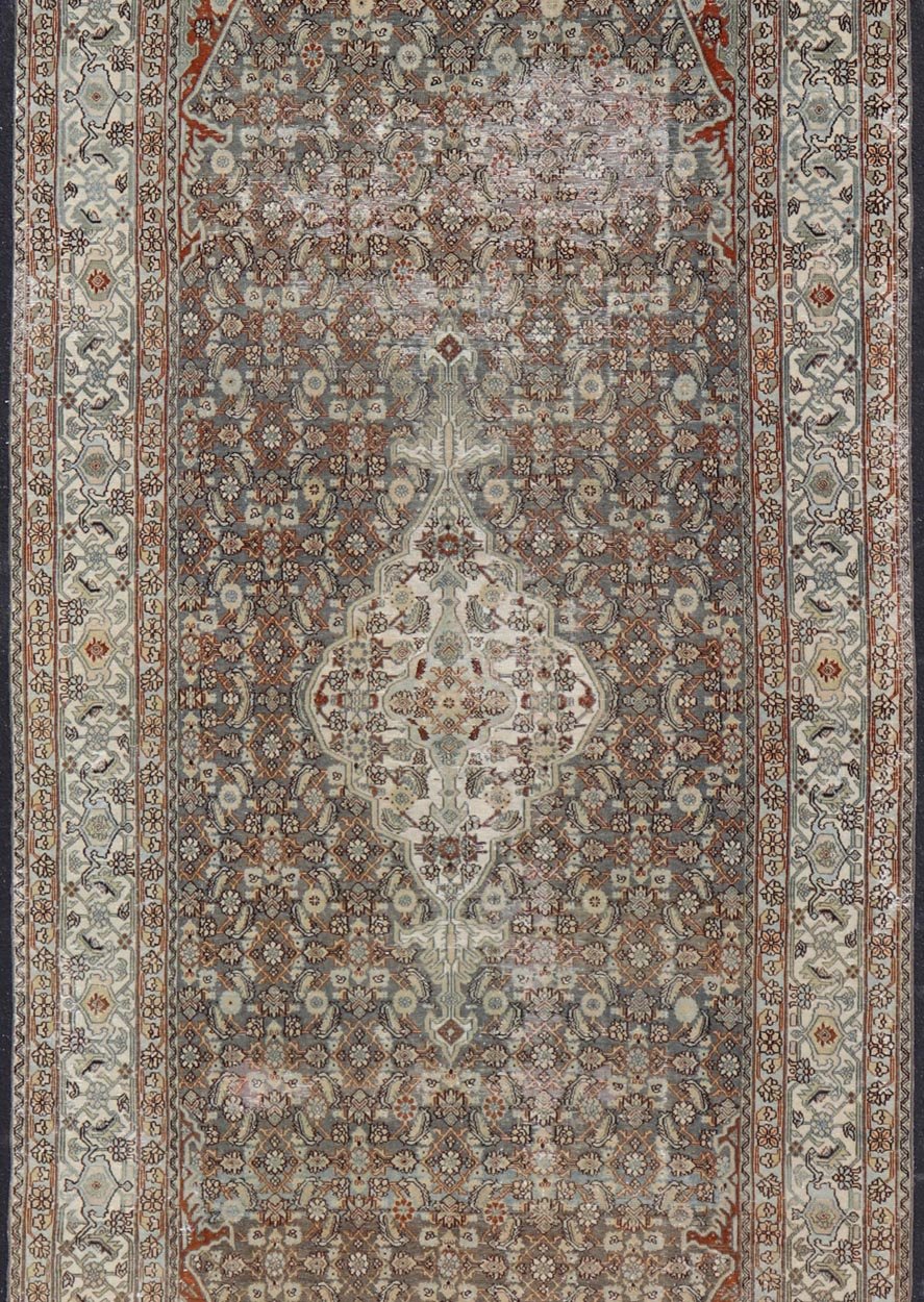 Antique Hamadan Gallery Rug with Medallion and All - Over Sub - Geometric Design Antique Hand - Knotted Persian Hamadan Rug with Medallion, Keivan Woven Arts; rug R20 - 1205, country of origin / type: Iran / Hamadan, circa 1920. Measures: 7'1 x 16'5 Thi... - Keivan Woven ArtsR20 - 1205 - 14190