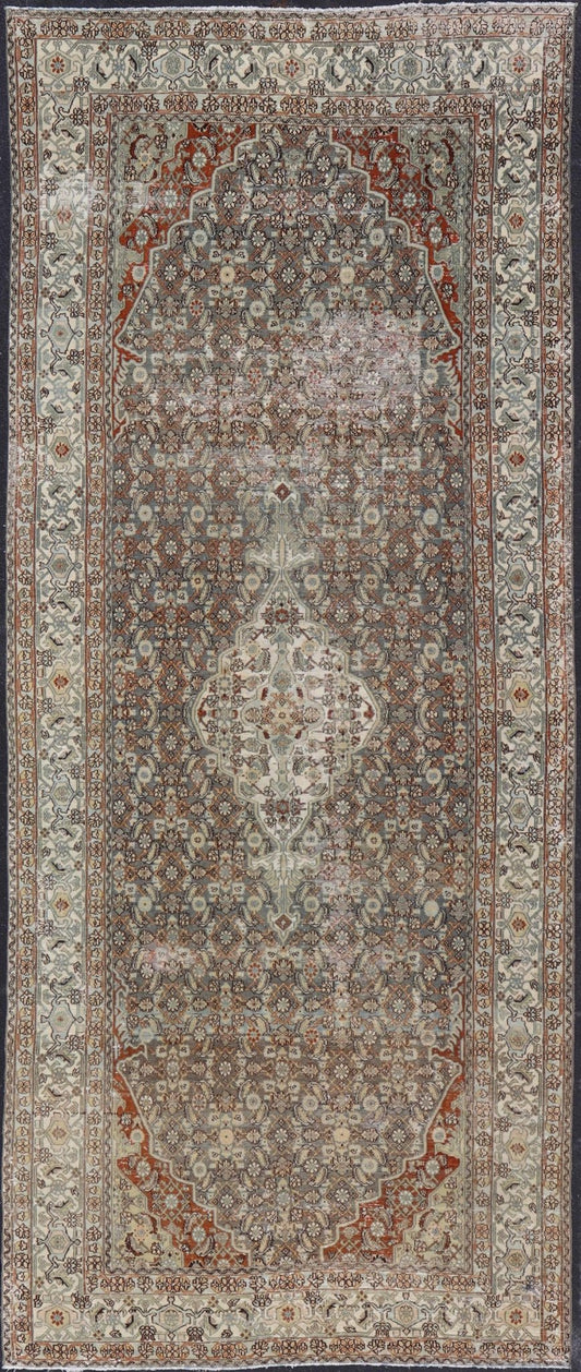 Antique Hamadan Gallery Rug with Medallion and All - Over Sub - Geometric Design Antique Hand - Knotted Persian Hamadan Rug with Medallion, Keivan Woven Arts; rug R20 - 1205, country of origin / type: Iran / Hamadan, circa 1920. Measures: 7'1 x 16'5 Thi... - Keivan Woven ArtsR20 - 1205 - 14190