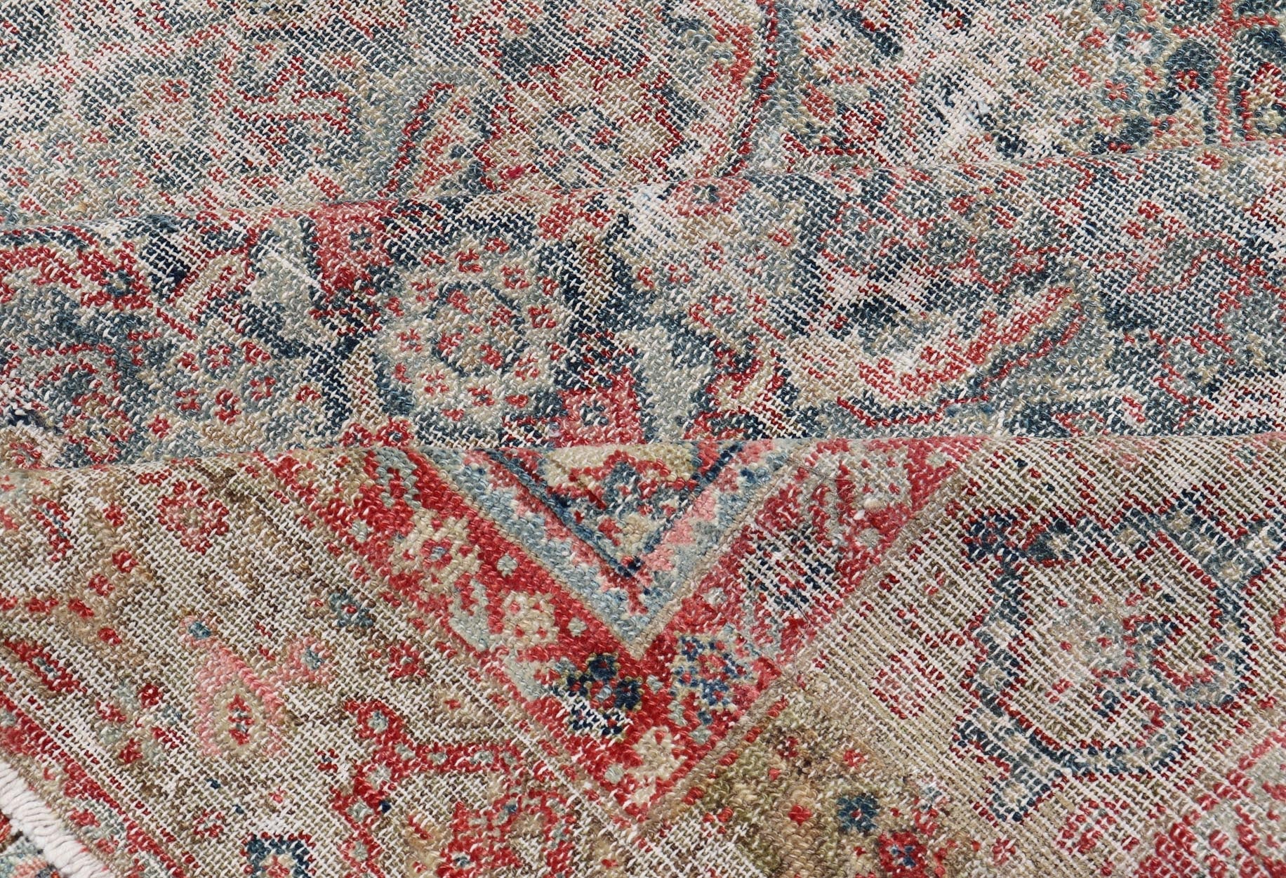 Large Gallery Persian Antique Malayer Rug in Geometric with Blue and Red Tones. Distressed antique Persian Malayer runner with geometric all - over design in reds, tan, and light blue. Antique rug from Persia with geometric motifs, Keivan Woven Arts / ru... - Keivan Woven ArtsR20 - 63 - 12665Rug