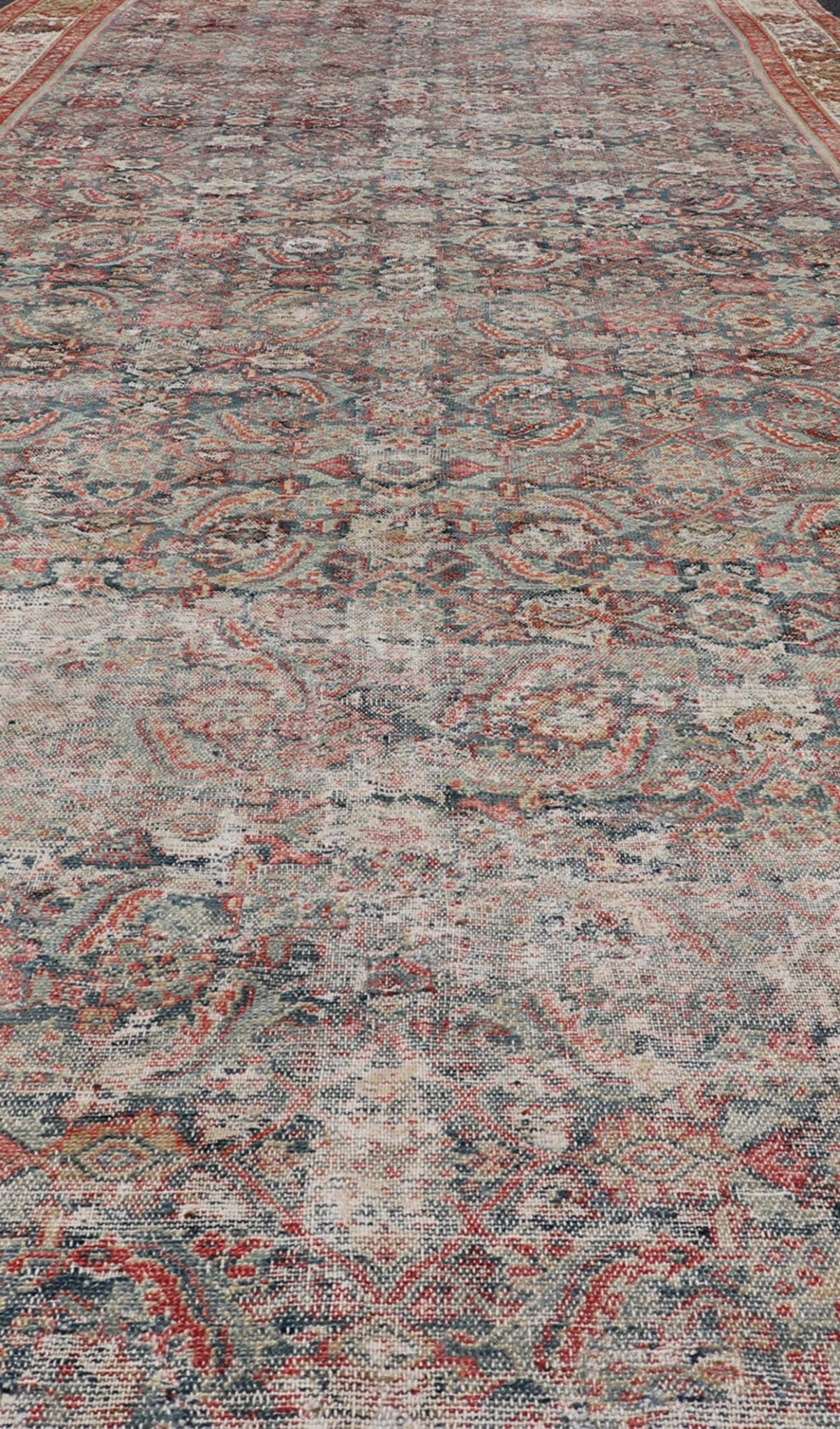 Large Gallery Persian Antique Malayer Rug in Geometric with Blue and Red Tones. Distressed antique Persian Malayer runner with geometric all - over design in reds, tan, and light blue. Antique rug from Persia with geometric motifs, Keivan Woven Arts / ru... - Keivan Woven ArtsR20 - 63 - 12665Rug