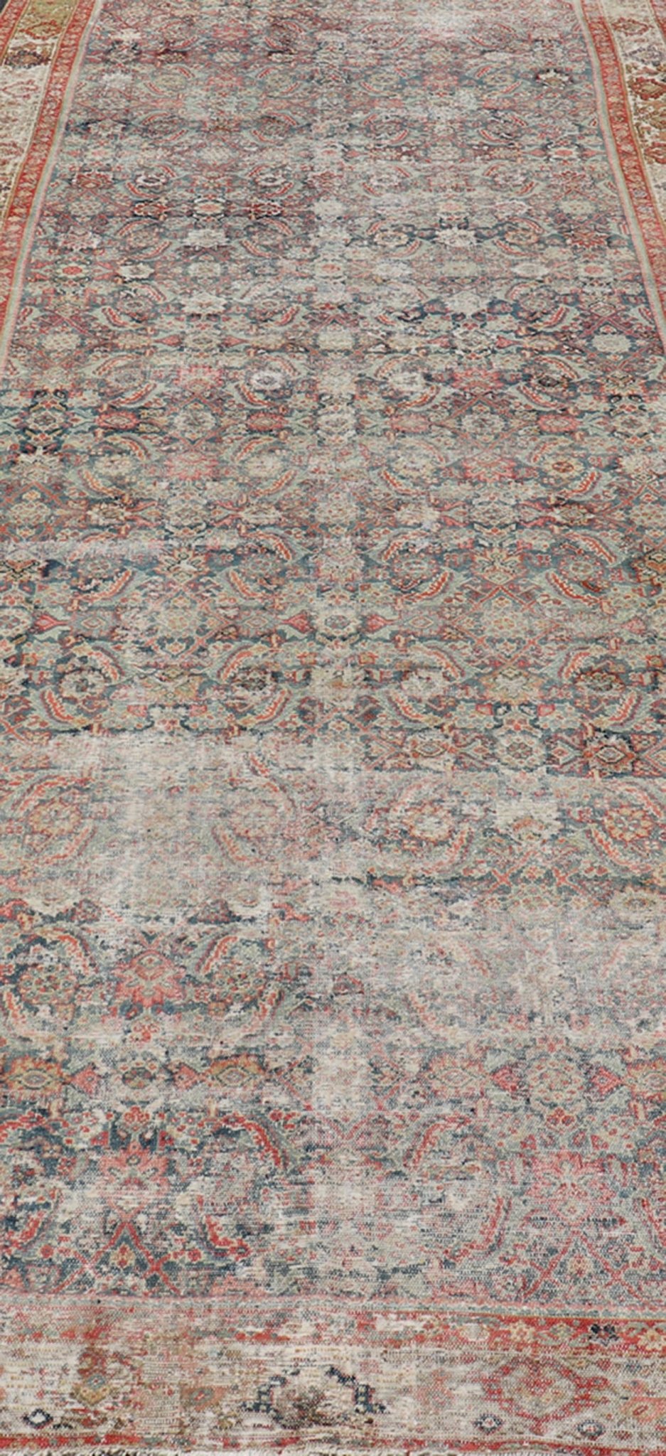 Large Gallery Persian Antique Malayer Rug in Geometric with Blue and Red Tones. Distressed antique Persian Malayer runner with geometric all - over design in reds, tan, and light blue. Antique rug from Persia with geometric motifs, Keivan Woven Arts / ru... - Keivan Woven ArtsR20 - 63 - 12665Rug