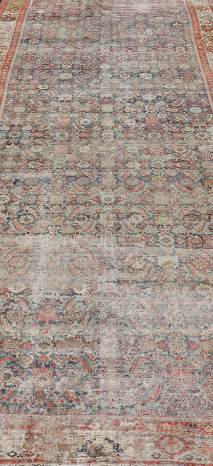 Large Gallery Persian Antique Malayer Rug in Geometric with Blue and Red Tones. Distressed antique Persian Malayer runner with geometric all - over design in reds, tan, and light blue. Antique rug from Persia with geometric motifs, Keivan Woven Arts / ru... - Keivan Woven ArtsR20 - 63 - 12665Rug