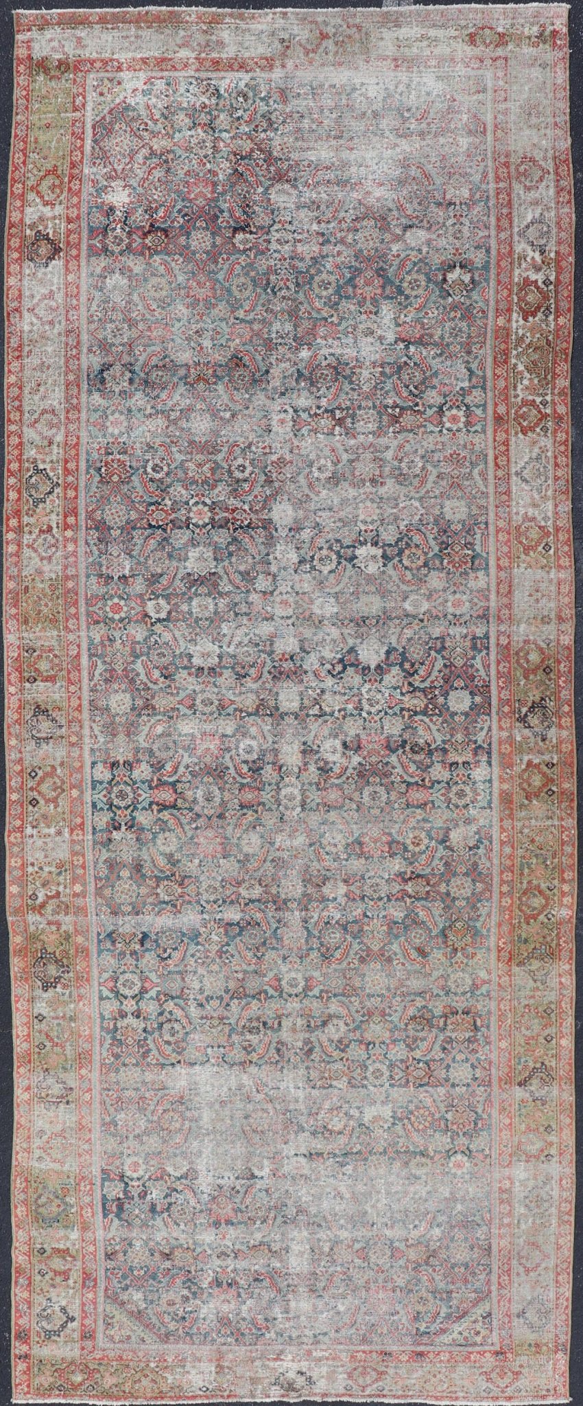 Large Gallery Persian Antique Malayer Rug in Geometric with Blue and Red Tones. Distressed antique Persian Malayer runner with geometric all - over design in reds, tan, and light blue. Antique rug from Persia with geometric motifs, Keivan Woven Arts / ru... - Keivan Woven ArtsR20 - 63 - 12665Rug