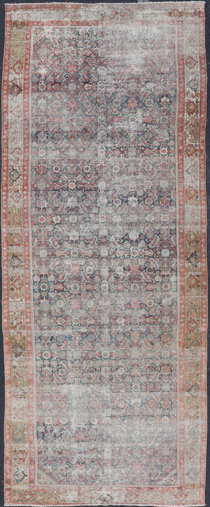 Large Gallery Persian Antique Malayer Rug in Geometric with Blue and Red Tones. Distressed antique Persian Malayer runner with geometric all - over design in reds, tan, and light blue. Antique rug from Persia with geometric motifs, Keivan Woven Arts / ru... - Keivan Woven ArtsR20 - 63 - 12665Rug