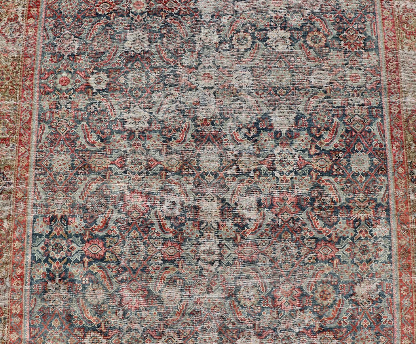 Large Gallery Persian Antique Malayer Rug in Geometric with Blue and Red Tones. Distressed antique Persian Malayer runner with geometric all - over design in reds, tan, and light blue. Antique rug from Persia with geometric motifs, Keivan Woven Arts / ru... - Keivan Woven ArtsR20 - 63 - 12665Rug
