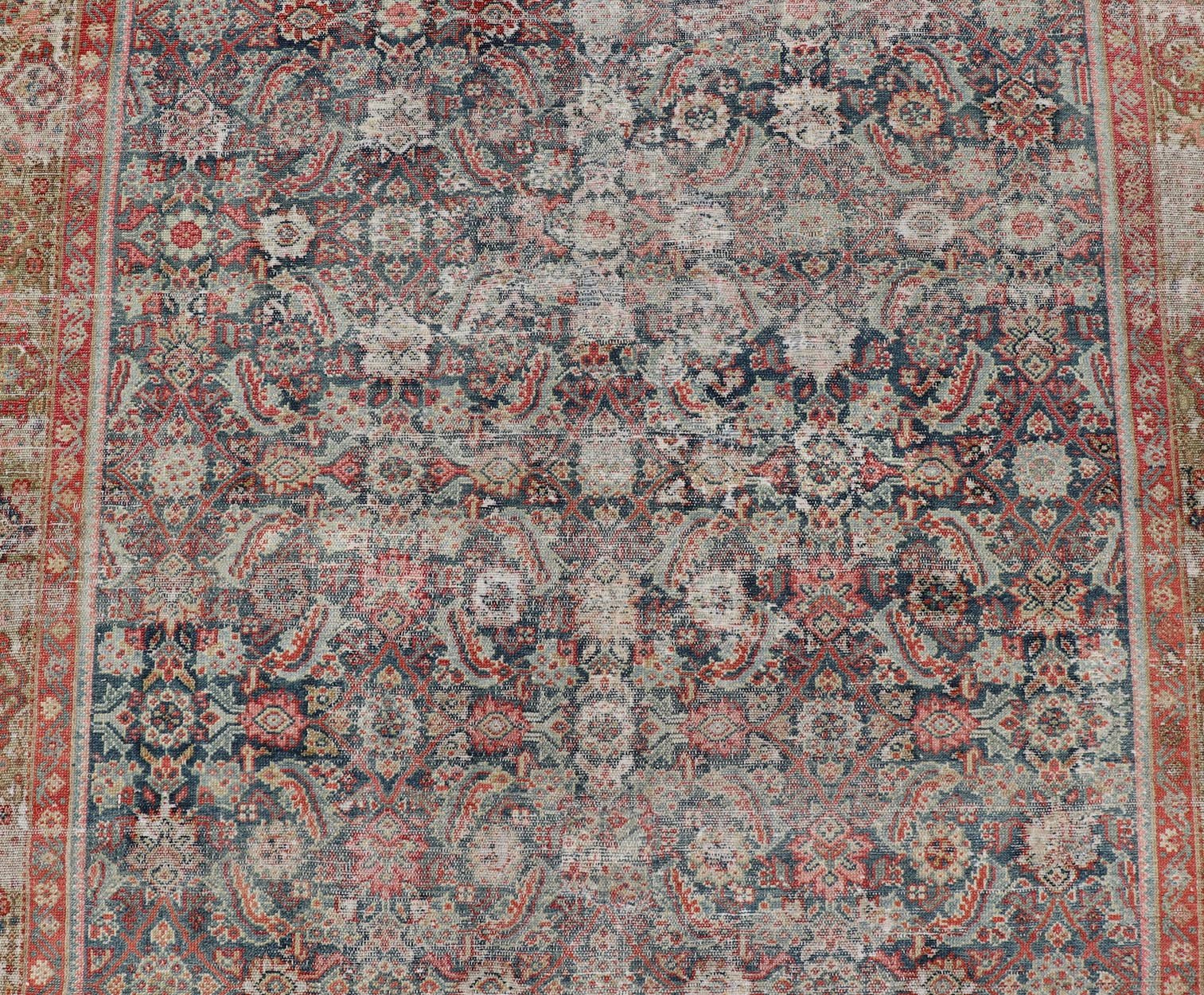 Large Gallery Persian Antique Malayer Rug in Geometric with Blue and Red Tones. Distressed antique Persian Malayer runner with geometric all - over design in reds, tan, and light blue. Antique rug from Persia with geometric motifs, Keivan Woven Arts / ru... - Keivan Woven ArtsR20 - 63 - 12665Rug