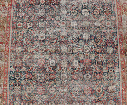 Large Gallery Persian Antique Malayer Rug in Geometric with Blue and Red Tones. Distressed antique Persian Malayer runner with geometric all - over design in reds, tan, and light blue. Antique rug from Persia with geometric motifs, Keivan Woven Arts / ru... - Keivan Woven ArtsR20 - 63 - 12665Rug