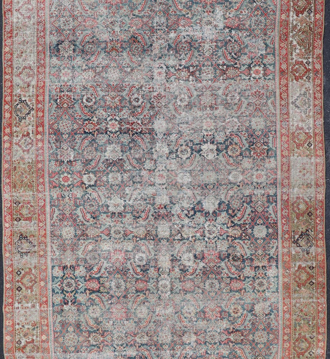 Large Gallery Persian Antique Malayer Rug in Geometric with Blue and Red Tones. Distressed antique Persian Malayer runner with geometric all - over design in reds, tan, and light blue. Antique rug from Persia with geometric motifs, Keivan Woven Arts / ru... - Keivan Woven ArtsR20 - 63 - 12665Rug