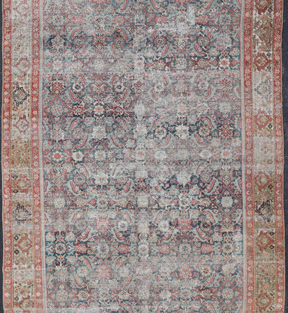 Large Gallery Persian Antique Malayer Rug in Geometric with Blue and Red Tones. Distressed antique Persian Malayer runner with geometric all - over design in reds, tan, and light blue. Antique rug from Persia with geometric motifs, Keivan Woven Arts / ru... - Keivan Woven ArtsR20 - 63 - 12665Rug