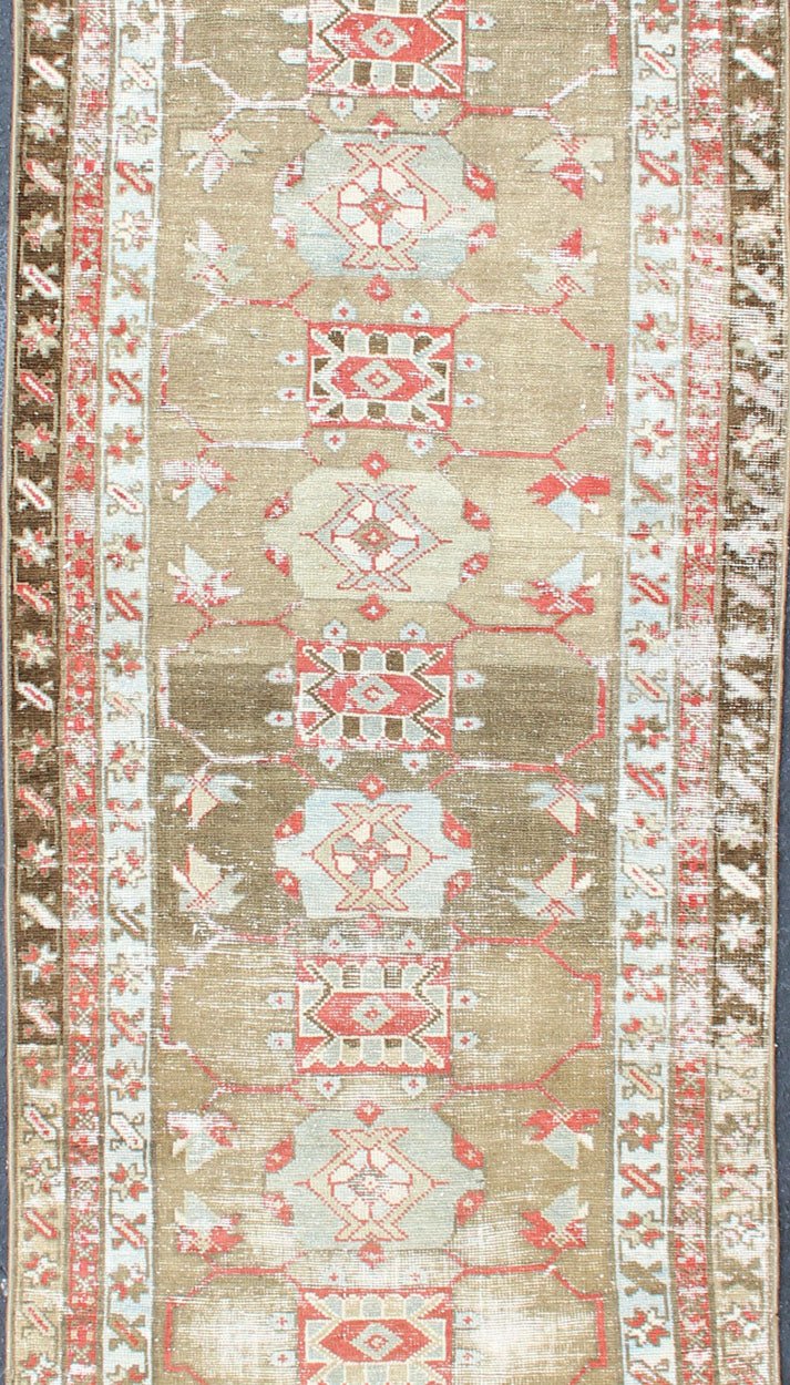 Antique Persian Serab Distressed Runner With Geometric Design in Light Green. Serab antique distressed runner from Persia with geometric medallions and ornate multi - tiered border, rug R20 - 75, country of origin / type: Iran / Serab, circa 1910. ... - Keivan Woven ArtsR20 - 75 - 12671Rug
