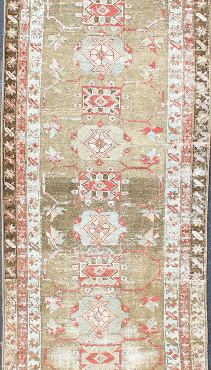 Antique Persian Serab Distressed Runner With Geometric Design in Light Green. Serab antique distressed runner from Persia with geometric medallions and ornate multi - tiered border, rug R20 - 75, country of origin / type: Iran / Serab, circa 1910. ... - Keivan Woven ArtsR20 - 75 - 12671Rug