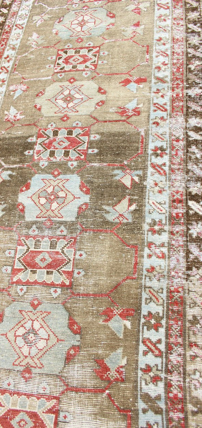 Antique Persian Serab Distressed Runner With Geometric Design in Light Green. Serab antique distressed runner from Persia with geometric medallions and ornate multi - tiered border, rug R20 - 75, country of origin / type: Iran / Serab, circa 1910. ... - Keivan Woven ArtsR20 - 75 - 12671Rug