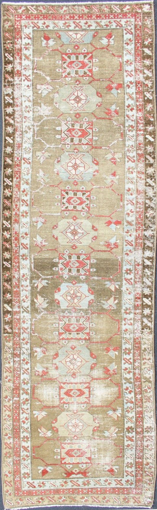 Antique Persian Serab Distressed Runner With Geometric Design in Light Green. Serab antique distressed runner from Persia with geometric medallions and ornate multi - tiered border, rug R20 - 75, country of origin / type: Iran / Serab, circa 1910. ... - Keivan Woven ArtsR20 - 75 - 12671