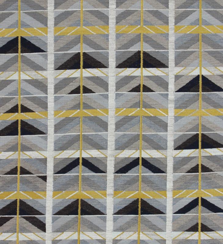 Modern Swedish Rug in Gold, Gray and Black by Keivan Woven Arts. Modern Scandinavian/Swedish. Measures: 9'4 x 11'5. This Scandinavian Flat - Weave patterned rug is inspired by the work of Swedish textile designers of the early to mid - 20th C... - Keivan Woven ArtsRJK - 14902 - SHB - 006 - 01 - 7569Rug