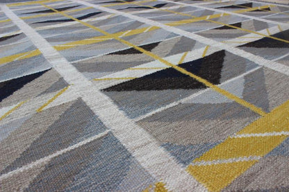 Modern Swedish Rug in Gold, Gray and Black by Keivan Woven Arts. Modern Scandinavian/Swedish. Measures: 9'4 x 11'5. This Scandinavian Flat - Weave patterned rug is inspired by the work of Swedish textile designers of the early to mid - 20th C... - Keivan Woven ArtsRJK - 14902 - SHB - 006 - 01 - 7569Rug