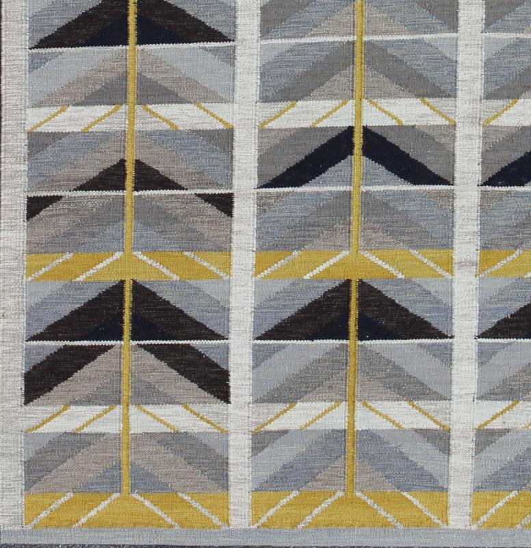 Modern Swedish Rug in Gold, Gray and Black by Keivan Woven Arts. Modern Scandinavian/Swedish. Measures: 9'4 x 11'5. This Scandinavian Flat - Weave patterned rug is inspired by the work of Swedish textile designers of the early to mid - 20th C... - Keivan Woven ArtsRJK - 14902 - SHB - 006 - 01 - 7569Rug