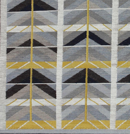 Modern Swedish Rug in Gold, Gray and Black by Keivan Woven Arts. Modern Scandinavian/Swedish. Measures: 9'4 x 11'5. This Scandinavian Flat - Weave patterned rug is inspired by the work of Swedish textile designers of the early to mid - 20th C... - Keivan Woven ArtsRJK - 14902 - SHB - 006 - 01 - 7569Rug