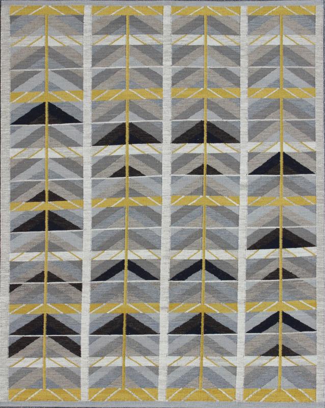 Modern Swedish Rug in Gold, Gray and Black by Keivan Woven Arts. Modern Scandinavian/Swedish. Measures: 9'4 x 11'5. This Scandinavian Flat - Weave patterned rug is inspired by the work of Swedish textile designers of the early to mid - 20th C... - Keivan Woven ArtsRJK - 14902 - SHB - 006 - 01 - 7569Rug