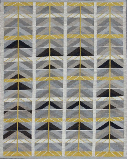 Modern Swedish Rug in Gold, Gray and Black by Keivan Woven Arts. Modern Scandinavian/Swedish. Measures: 9'4 x 11'5. This Scandinavian Flat - Weave patterned rug is inspired by the work of Swedish textile designers of the early to mid - 20th C... - Keivan Woven ArtsRJK - 14902 - SHB - 006 - 01 - 7569Rug