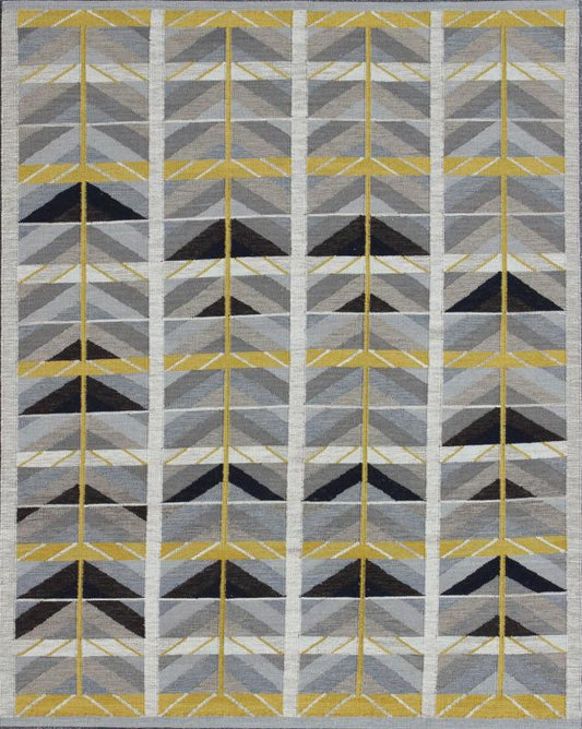Modern Swedish Rug in Gold, Gray and Black by Keivan Woven Arts. Modern Scandinavian/Swedish. Measures: 9'4 x 11'5. This Scandinavian Flat - Weave patterned rug is inspired by the work of Swedish textile designers of the early to mid - 20th C... - Keivan Woven ArtsRJK - 14902 - SHB - 006 - 01 - 7569Rug